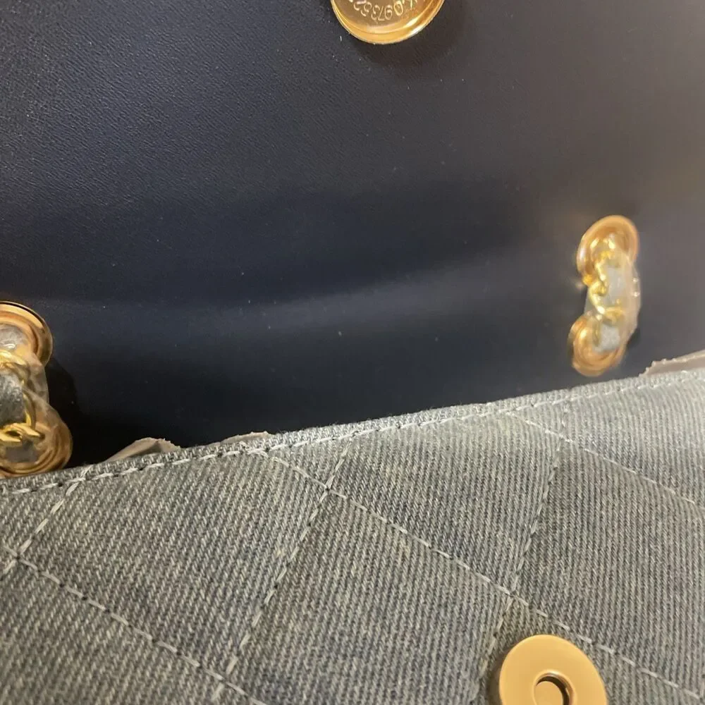 Badgley Mischka Quilted Blue Denim Crossbody Hand Bag Purse Gold Chain